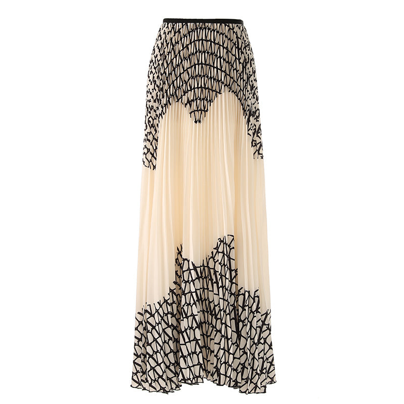 Printed Pleated Skirt Women's Contrast Color Asymmetric Skirt