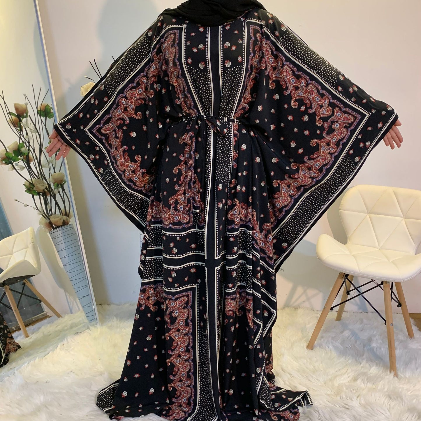 Fashion Print Elegant Loose Muslim Robe Batwing Sleeve Plus Size Women's Dress