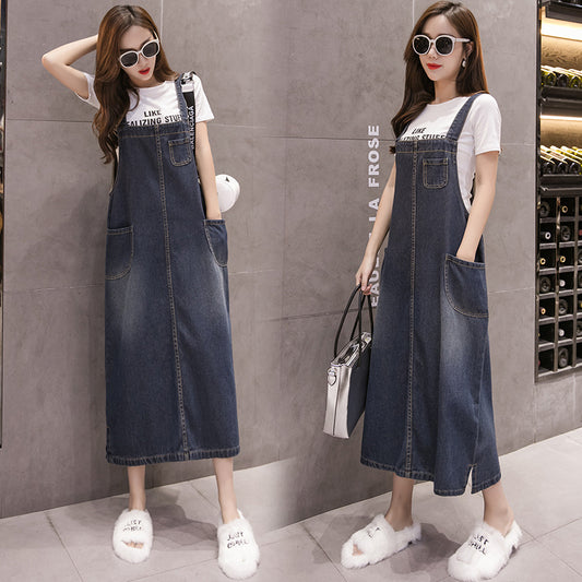 Denim suspenders skirt