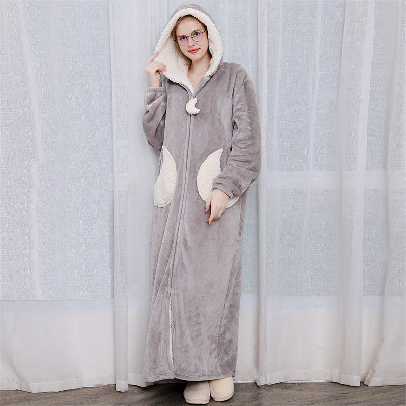 Women Men Winter Bath Robe Hooded Night Dress Gown Sleepwear