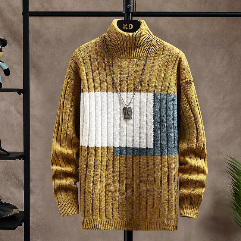 Square Color Stitching Thickened Turtleneck Men's Knitted Sweater