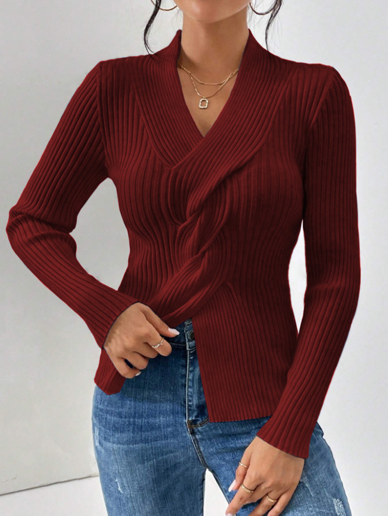 Women's Knitwear Thread Slit Hemline At Hem Long Sleeve Solid Color Slim Fit Sweater