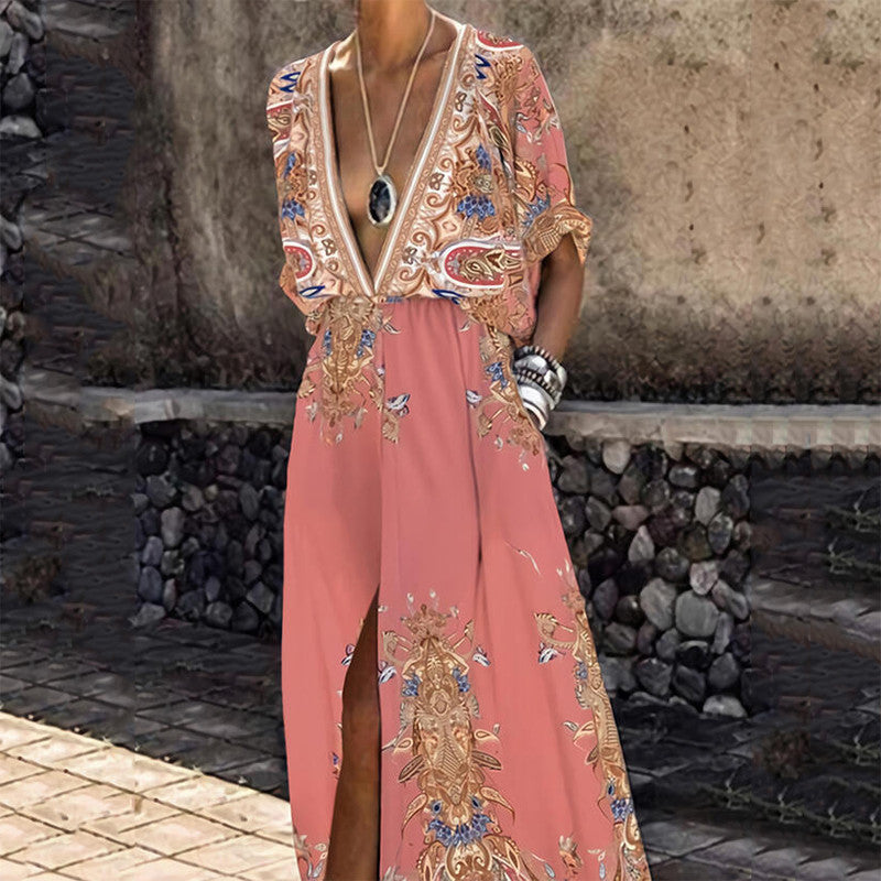 Vintage Pattern Printed Boho Long Dress Women Sexy Deep V