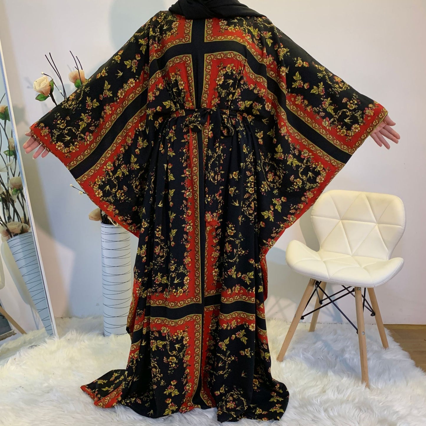 Fashion Print Elegant Loose Muslim Robe Batwing Sleeve Plus Size Women's Dress