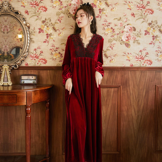 Court Style Long Dress Warm Gold Velvet Pajamas