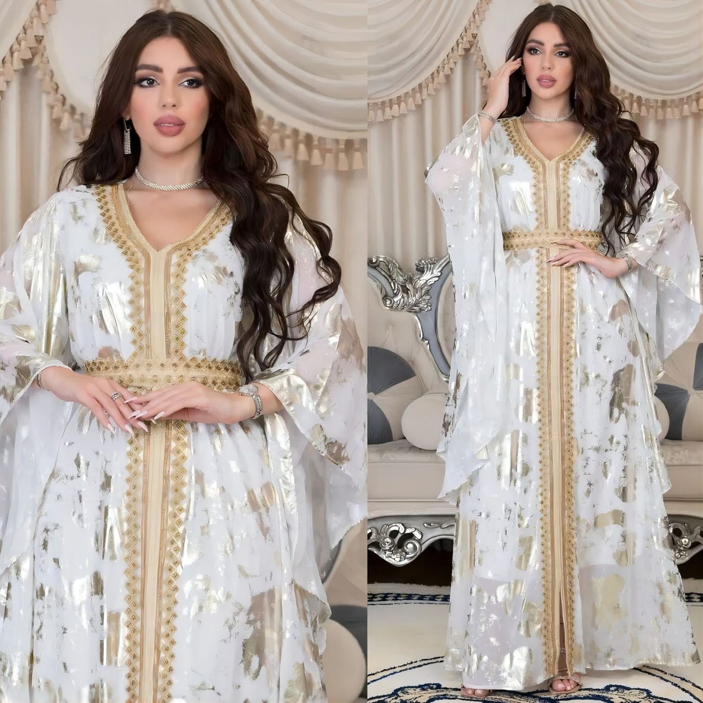 Muslim Chiffon Bronzing Robe Containing Belt Dress