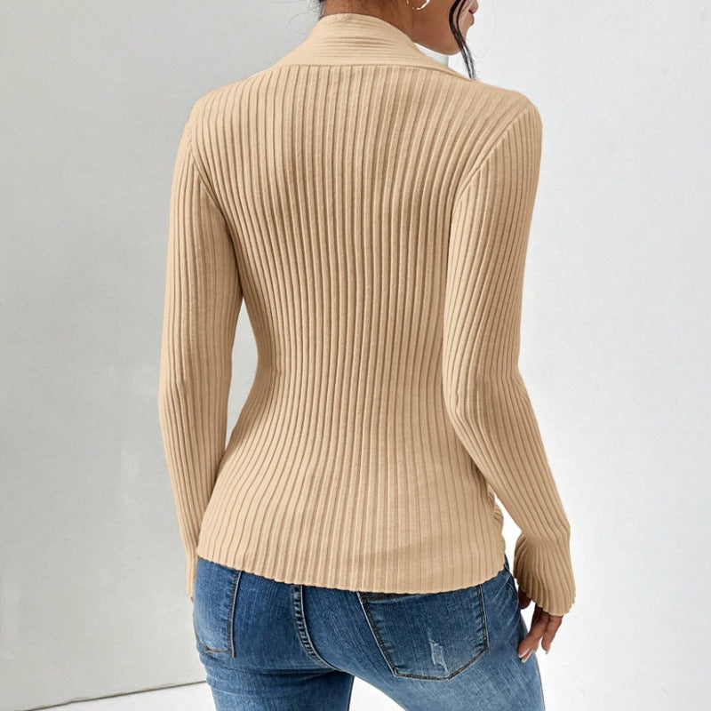 Women's Knitwear Thread Slit Hemline At Hem Long Sleeve Solid Color Slim Fit Sweater