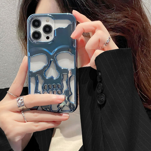 Luxury Plating 3D Skull Phone Case For I-Phone 14 Pro Max 13 12 11 Plus Breathable Glossy Hollow Out Gold Metallic Paint