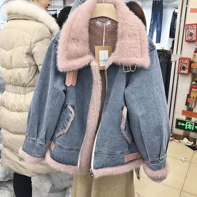 Fashion Plus Velvet Denim Jacket Women Short