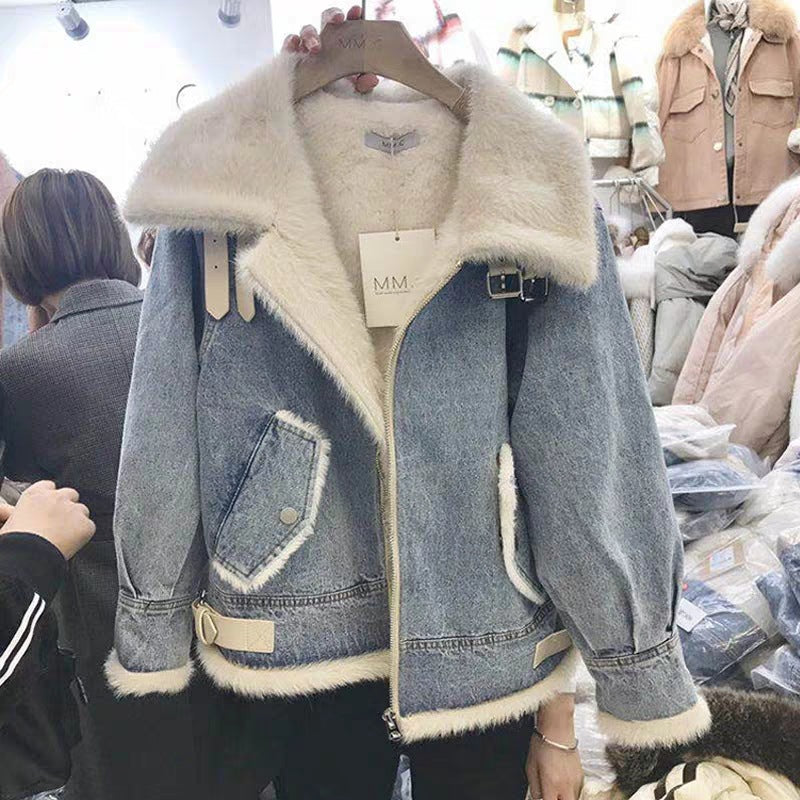 Fashion Plus Velvet Denim Jacket Women Short