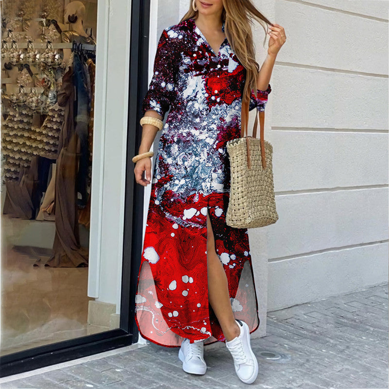 Womens Fashion Long Sleeve Printed  Long Dress