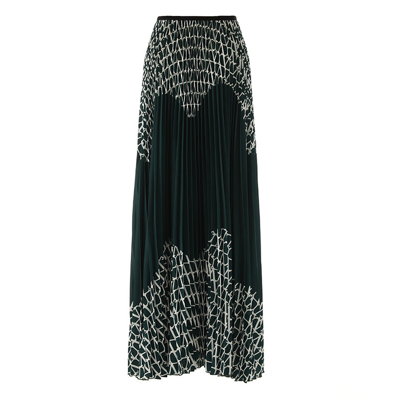 Printed Pleated Skirt Women's Contrast Color Asymmetric Skirt