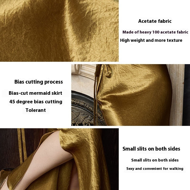 New Chinese Skirt Acetate Fabric Gilding Skirt Fishtail Skirt Slim Fit Long Dress