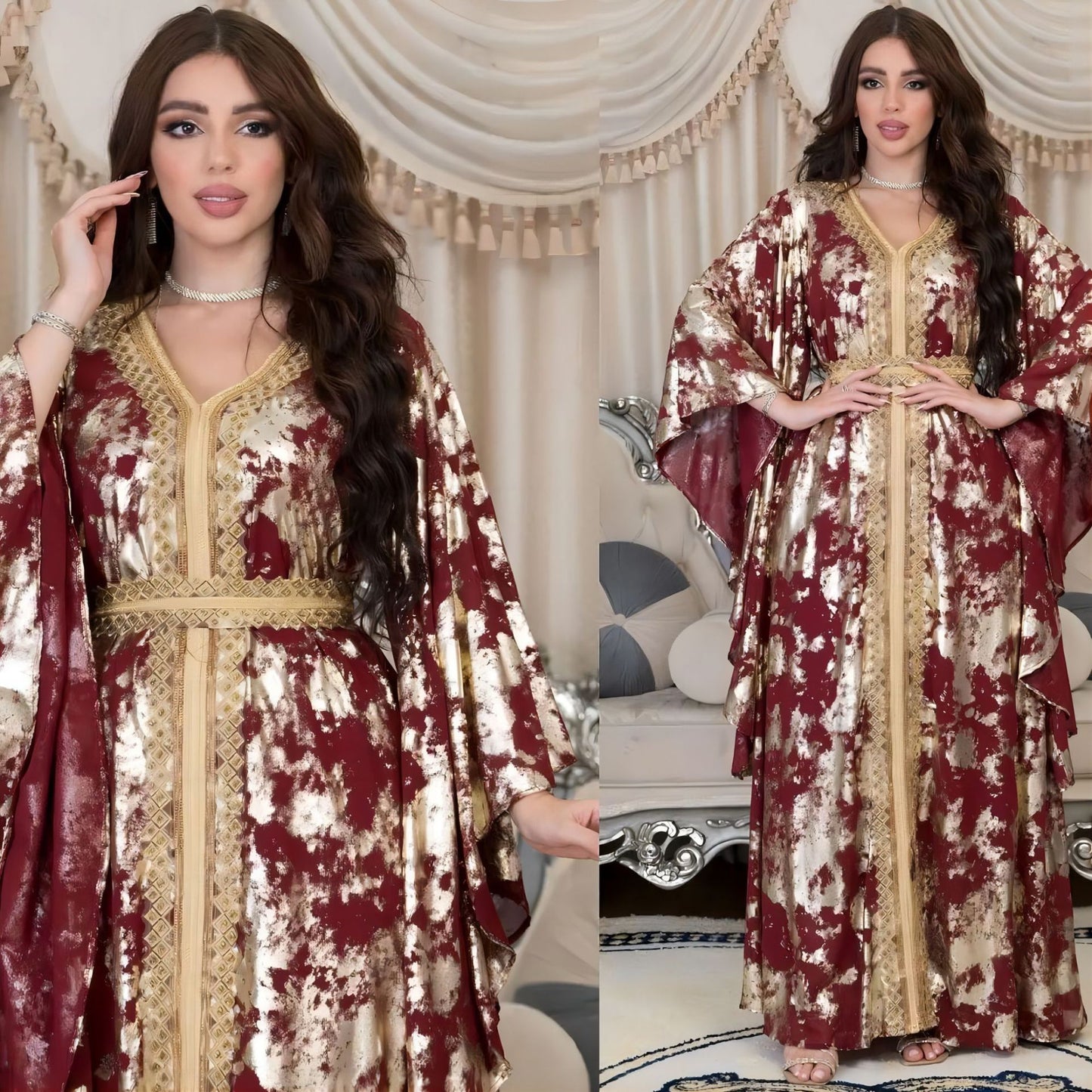 Muslim Chiffon Bronzing Robe Containing Belt Dress