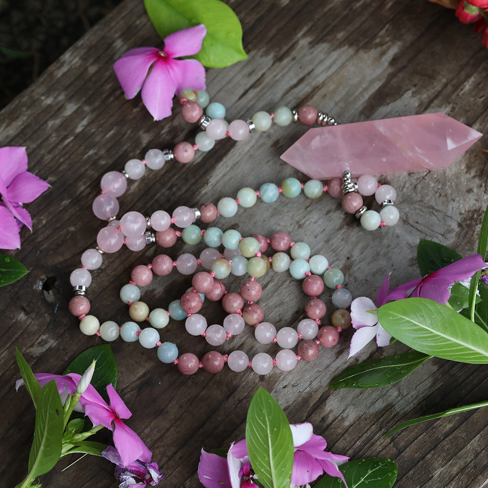 Natural Quartz Double Point Pendant 8mm Prayer Beads Knotted Handmade Necklace