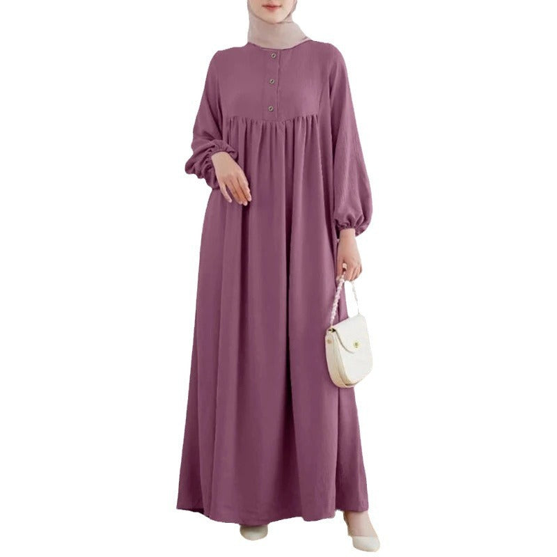 Muslim Robe Casual Lantern Sleeve Simple Solid Color Dress