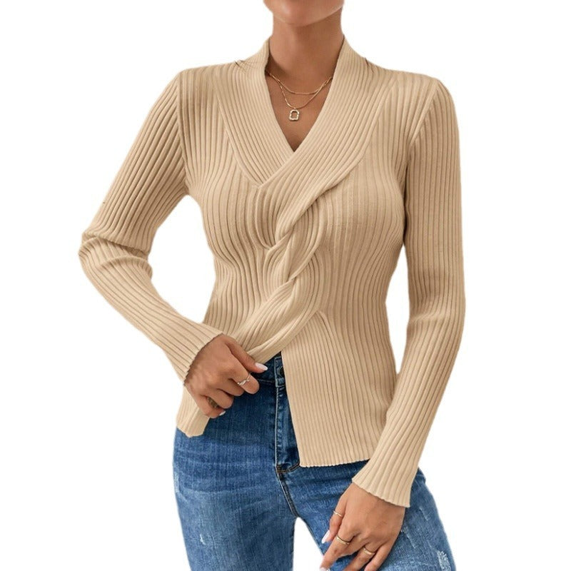 Women's Knitwear Thread Slit Hemline At Hem Long Sleeve Solid Color Slim Fit Sweater