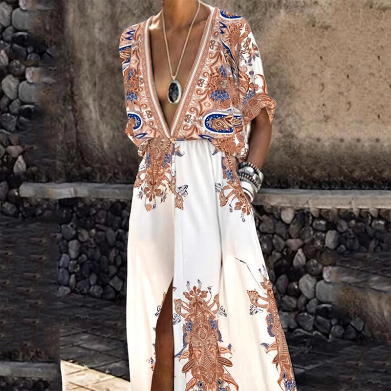 Vintage Pattern Printed Boho Long Dress Women Sexy Deep V