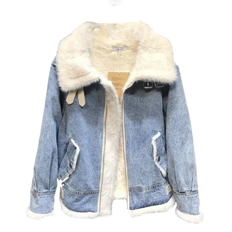 Fashion Plus Velvet Denim Jacket Women Short