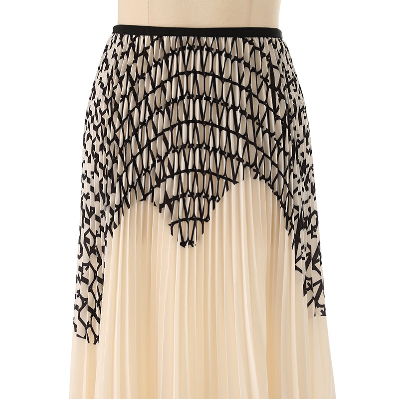 Printed Pleated Skirt Women's Contrast Color Asymmetric Skirt