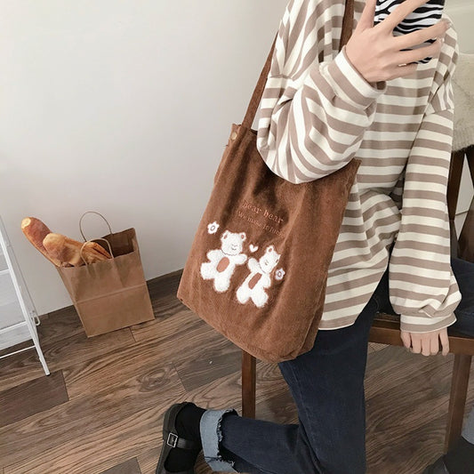 Women Corduroy Shoulder Bag Lucky Bears Embroidery Striped Canvas Handbag Eco Cloth Tote Cute Soft Shopping Bags For Ladies