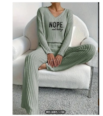 Casual Straight Pants Loose Temperament V-neck Sunken Stripe Printing Knitting Suit