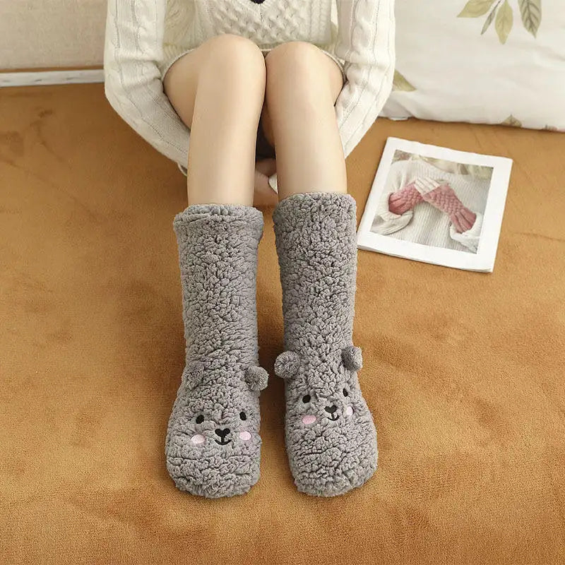 Cute Cartoon Bear Fuzzy Socks For Women, Comfortable Winter Soft Warm Slipper Socks, Casual Sleep Socks For Indoor Women's Fuzzy Socks Winter Warm Fluffy Soft Slipper Home Sleeping Cute Animal Socks