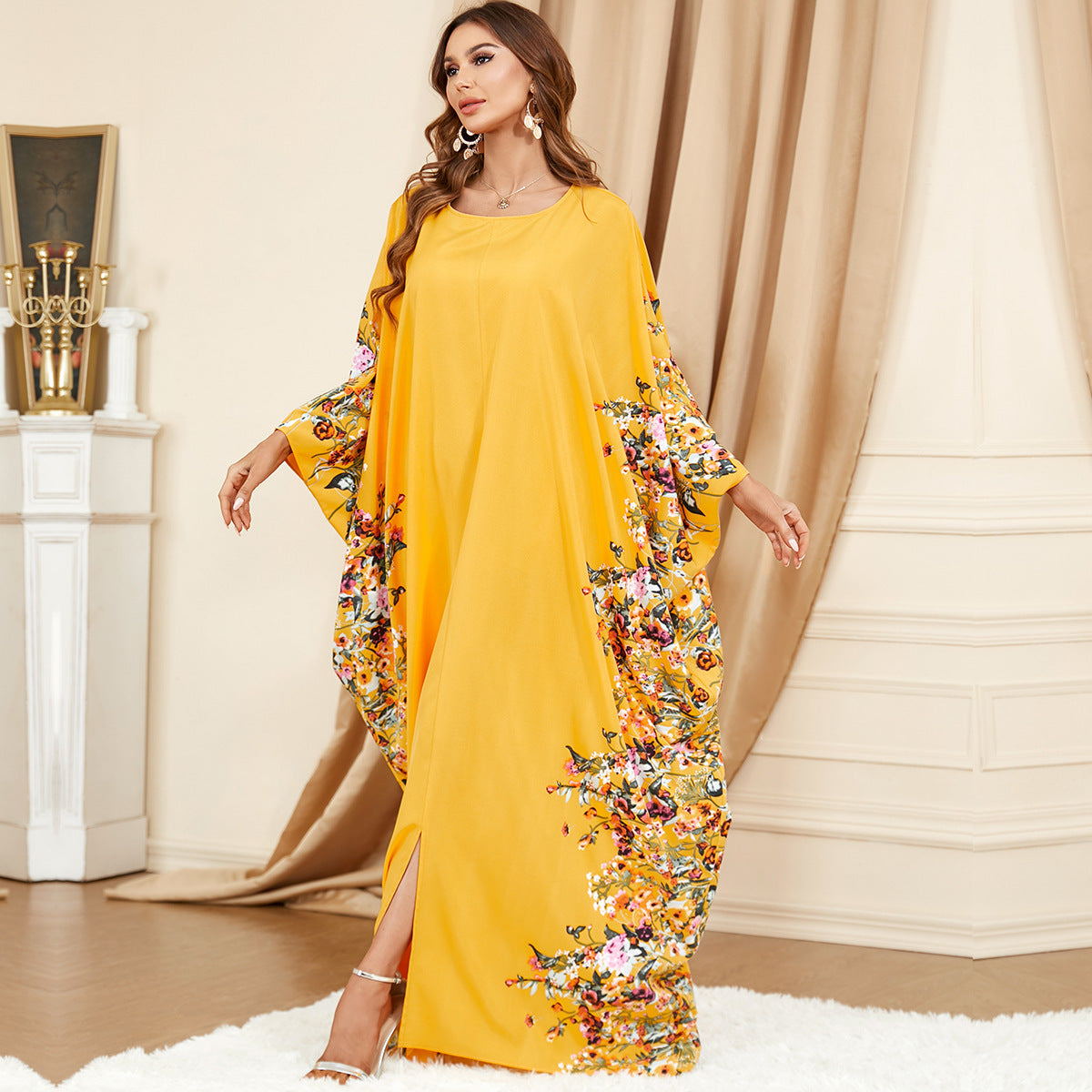 3422 Middle East Muslim Yellow Bat Sleeve Plus Size Dress