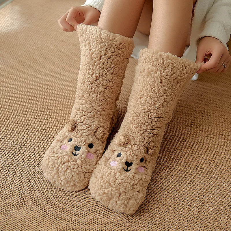 Cute Cartoon Bear Fuzzy Socks For Women, Comfortable Winter Soft Warm Slipper Socks, Casual Sleep Socks For Indoor Women's Fuzzy Socks Winter Warm Fluffy Soft Slipper Home Sleeping Cute Animal Socks