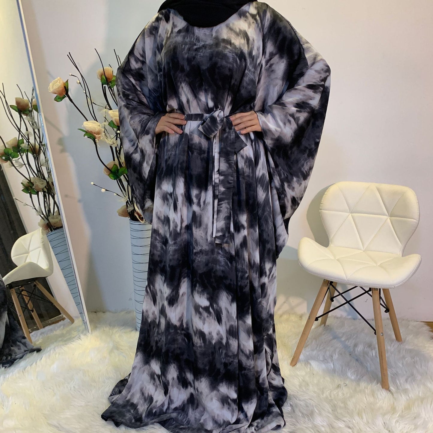 Fashion Print Elegant Loose Muslim Robe Batwing Sleeve Plus Size Women's Dress